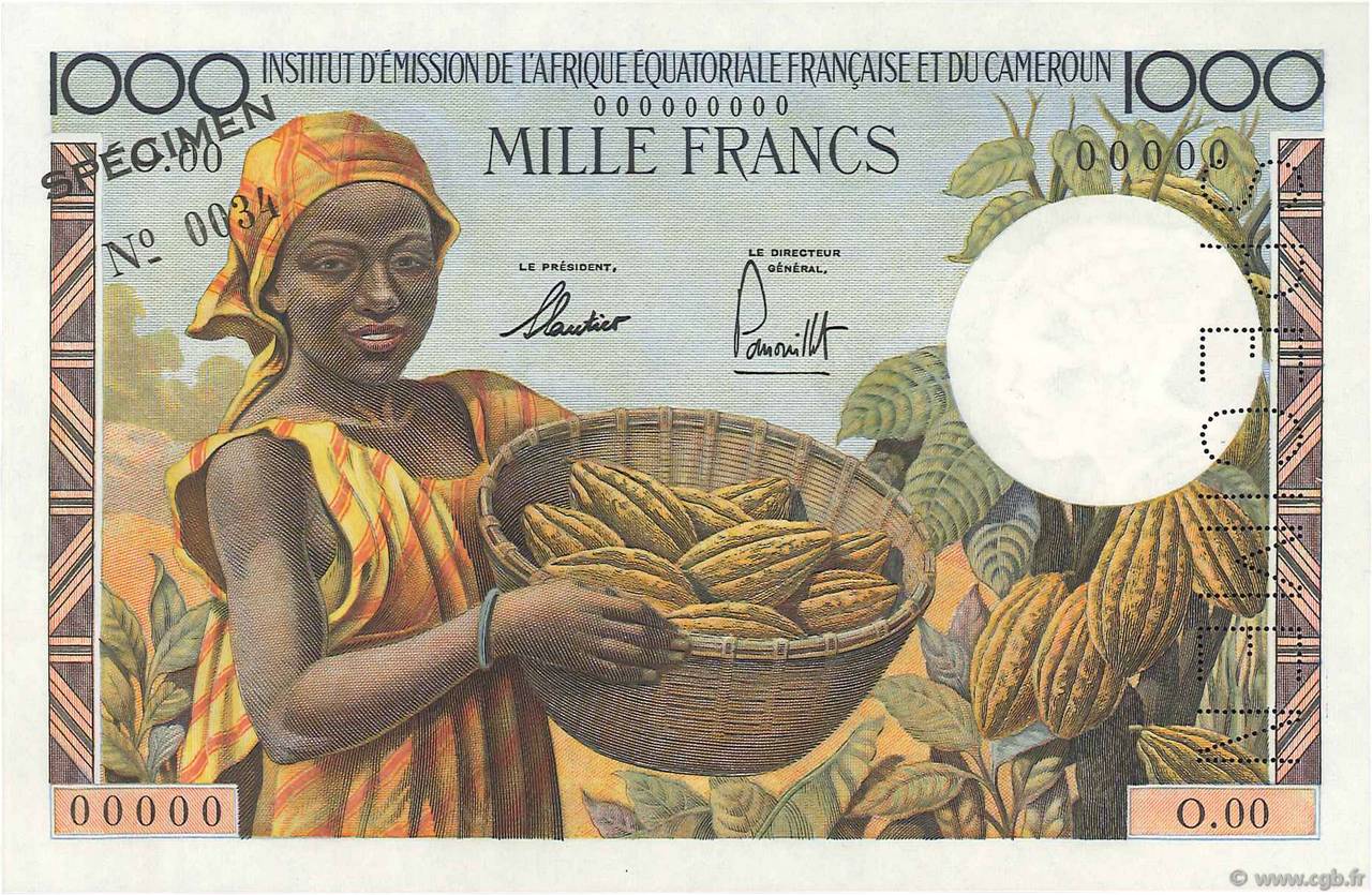 1000 Francs Spécimen AFRIQUE ÉQUATORIALE FRANÇAISE  1957 P.34s FDC