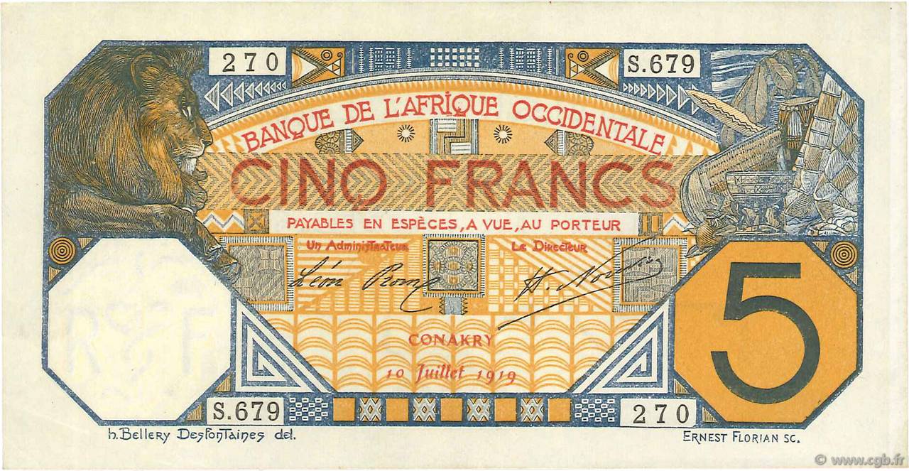 5 Francs CONAKRY FRENCH WEST AFRICA Conakry 1919 P.05Ab fST