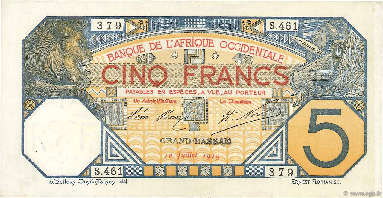 5 Francs GRAND-BASSAM FRENCH WEST AFRICA Grand-Bassam 1919 P.05Db XF+