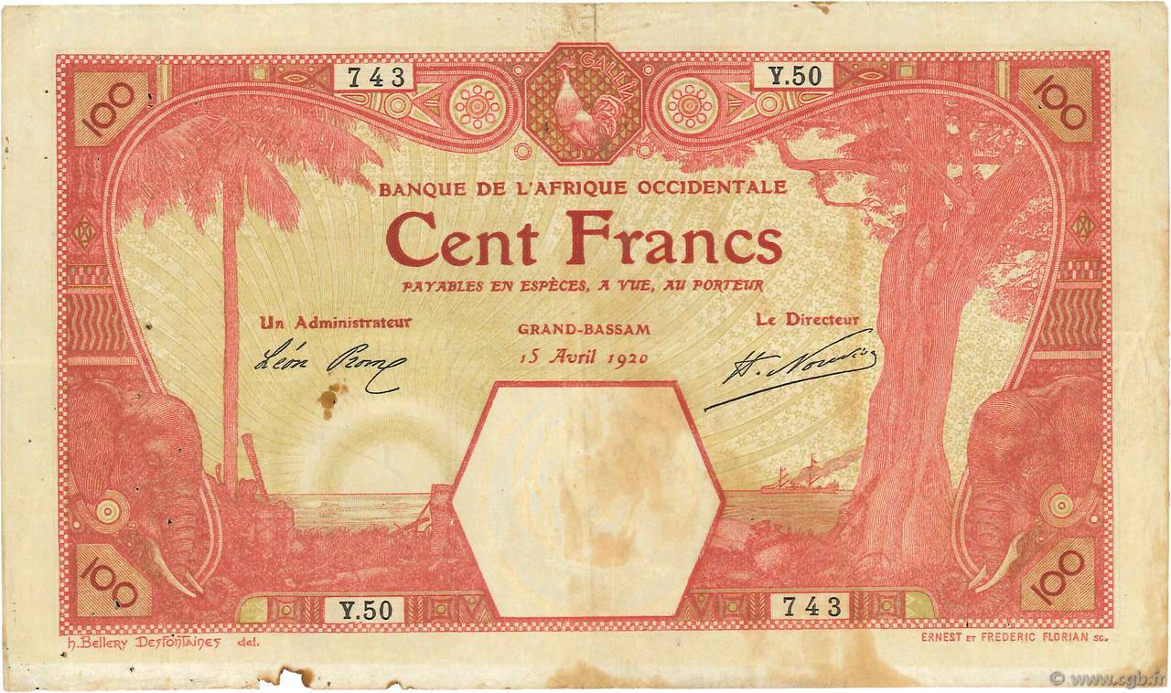 100 Francs GRAND-BASSAM AFRIQUE OCCIDENTALE FRANÇAISE (1895-1958) Grand-Bassam 1920 P.11Dc TB+