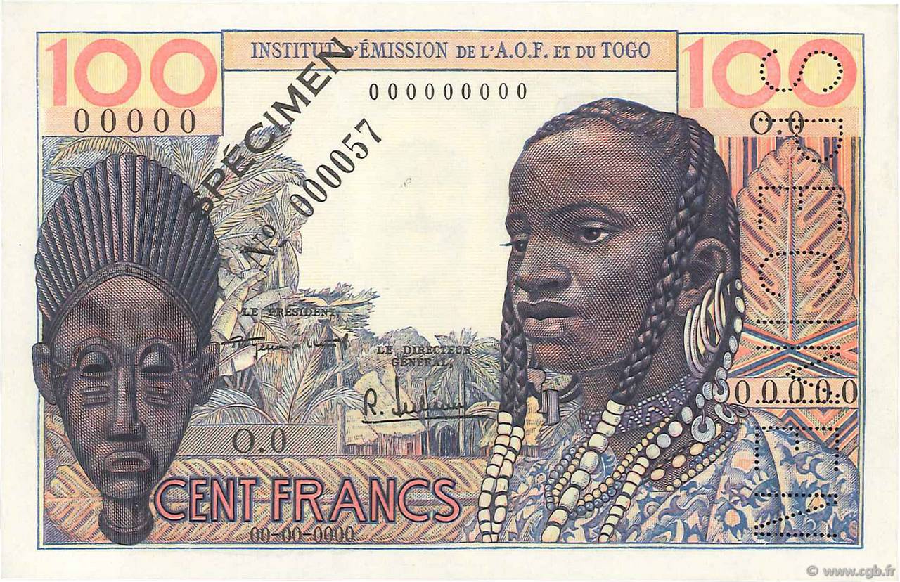 100 Francs Spécimen FRENCH WEST AFRICA  1955 P.46s UNC-