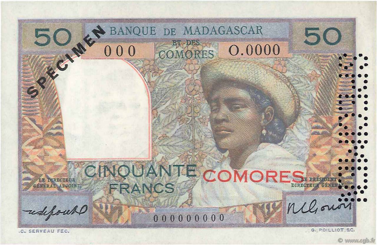 50 Francs Spécimen COMORES  1960 P.02s1 pr.NEUF