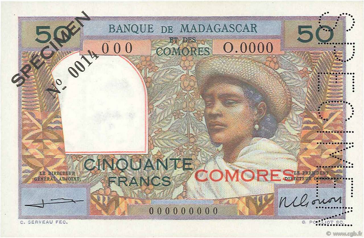 50 Francs Spécimen COMORES  1960 P.02s2 NEUF