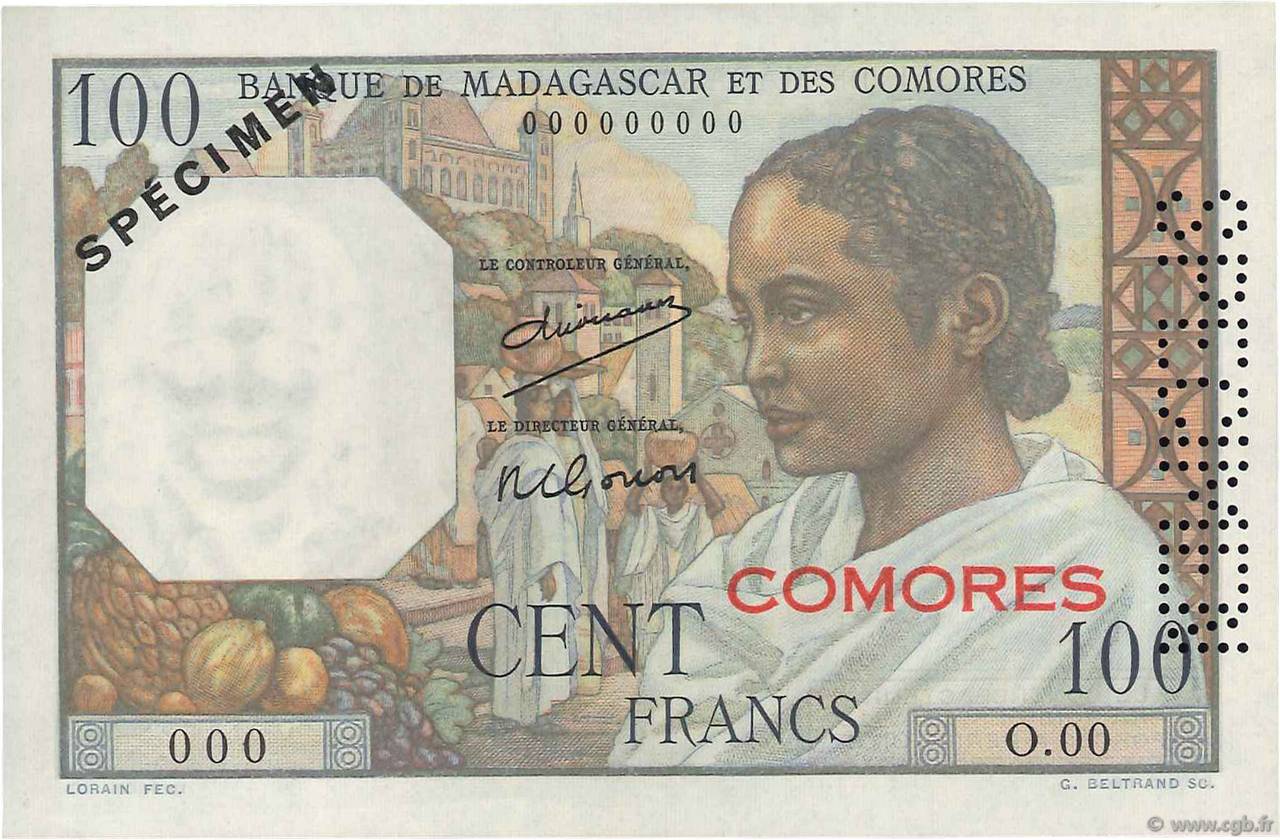 100 Francs Spécimen COMORAS  1960 P.03s1 SC+