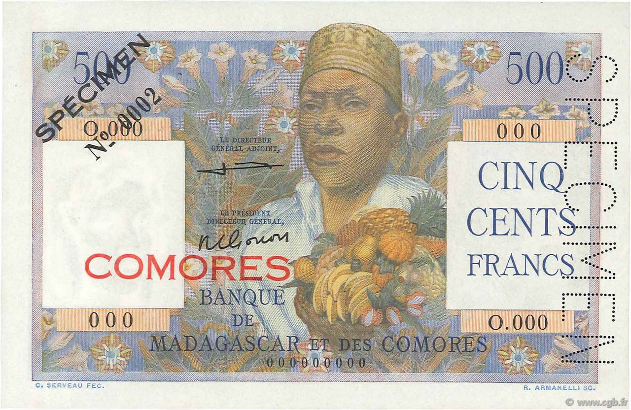 500 Francs Spécimen COMORES  1960 P.04s2 pr.SPL