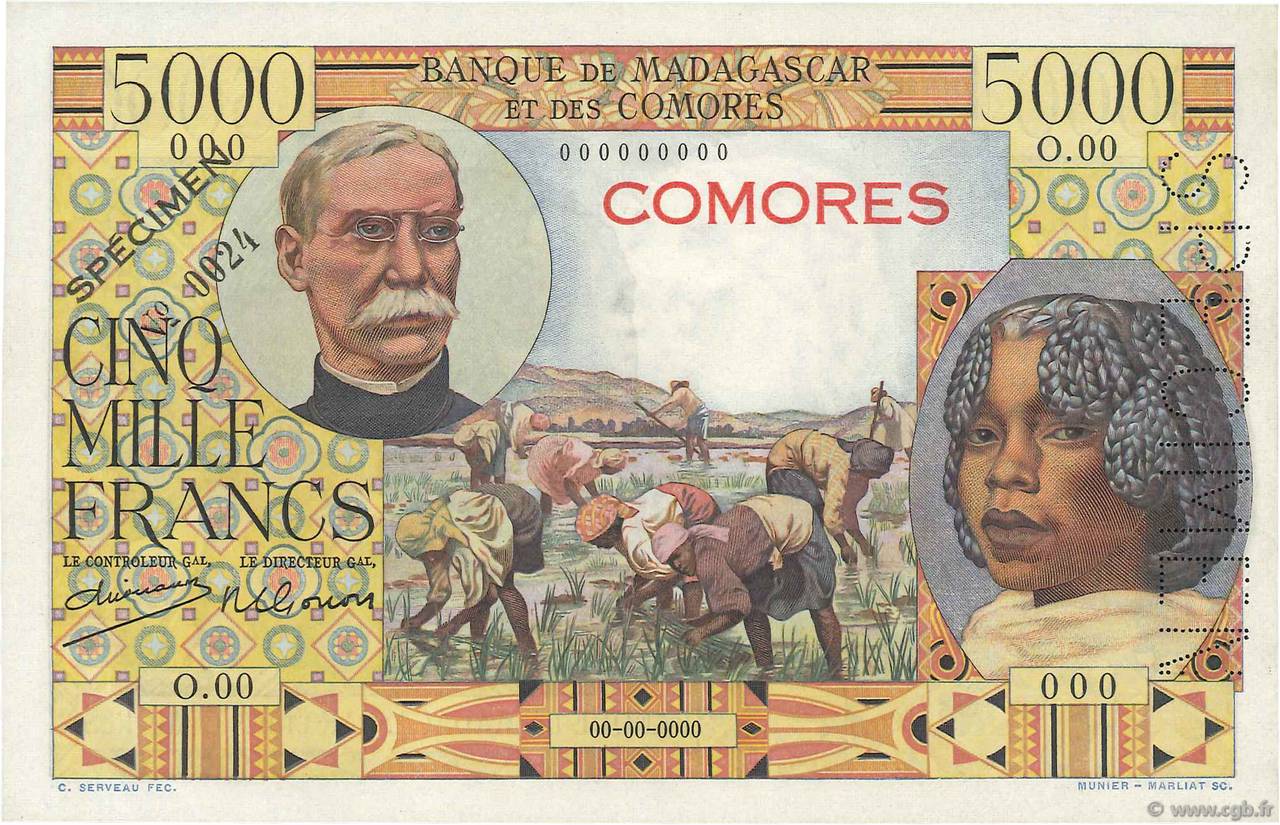 5000 Francs Spécimen COMORAS  1960 P.06s SC+