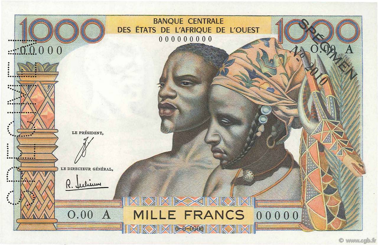 1000 Francs Spécimen ESTADOS DEL OESTE AFRICANO  1965 P.103AdS SC+
