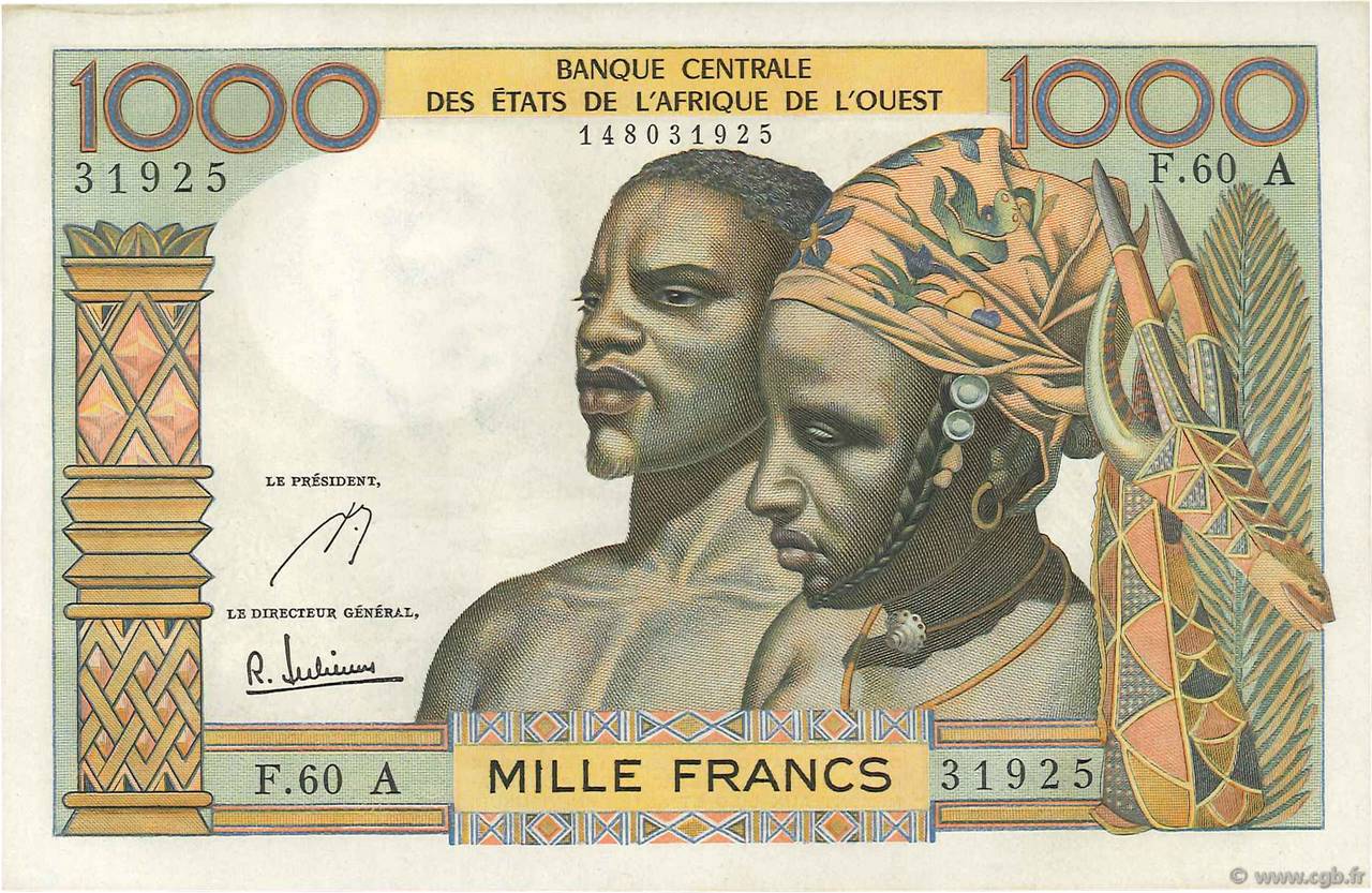 1000 Francs STATI AMERICANI AFRICANI  1966 P.103Ae AU