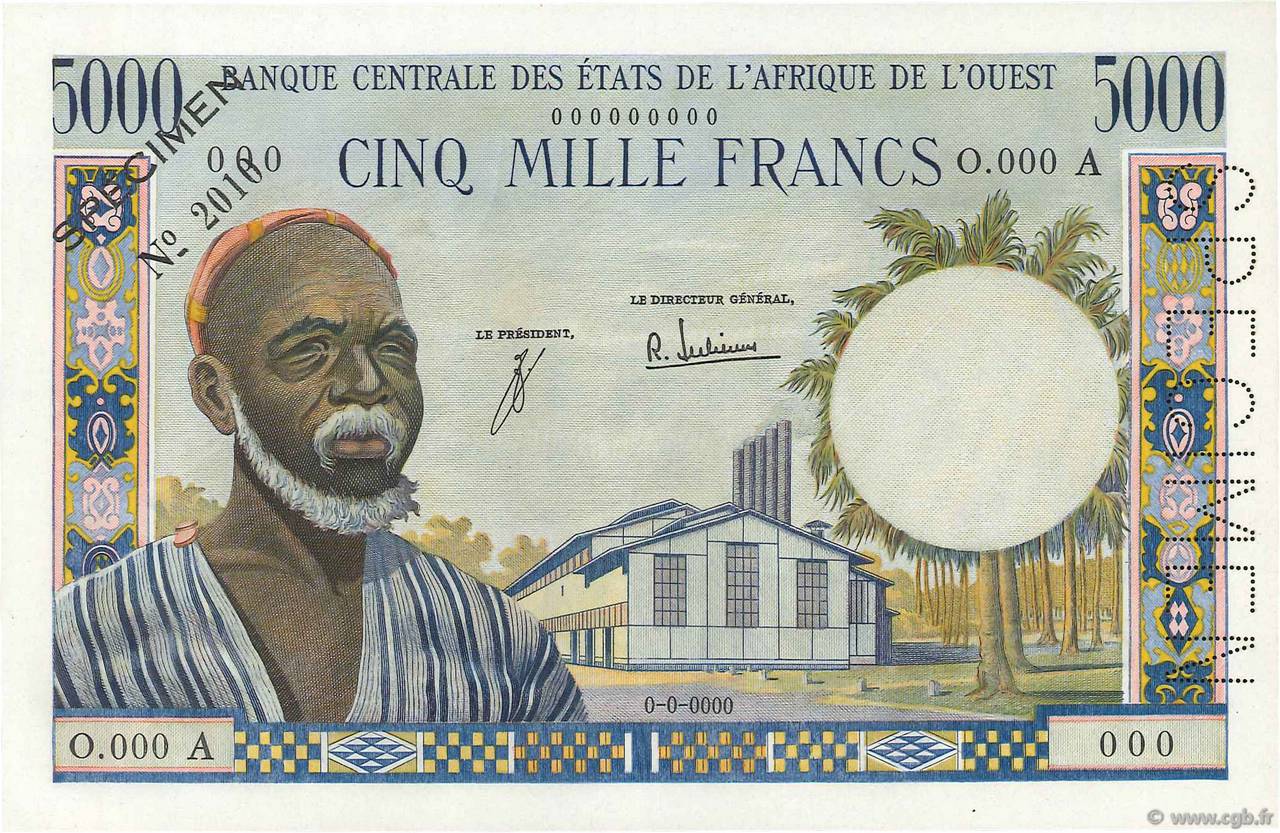 5000 Francs Spécimen ÉTATS DE L AFRIQUE DE L OUEST  1965 P.104AdS pr.NEUF