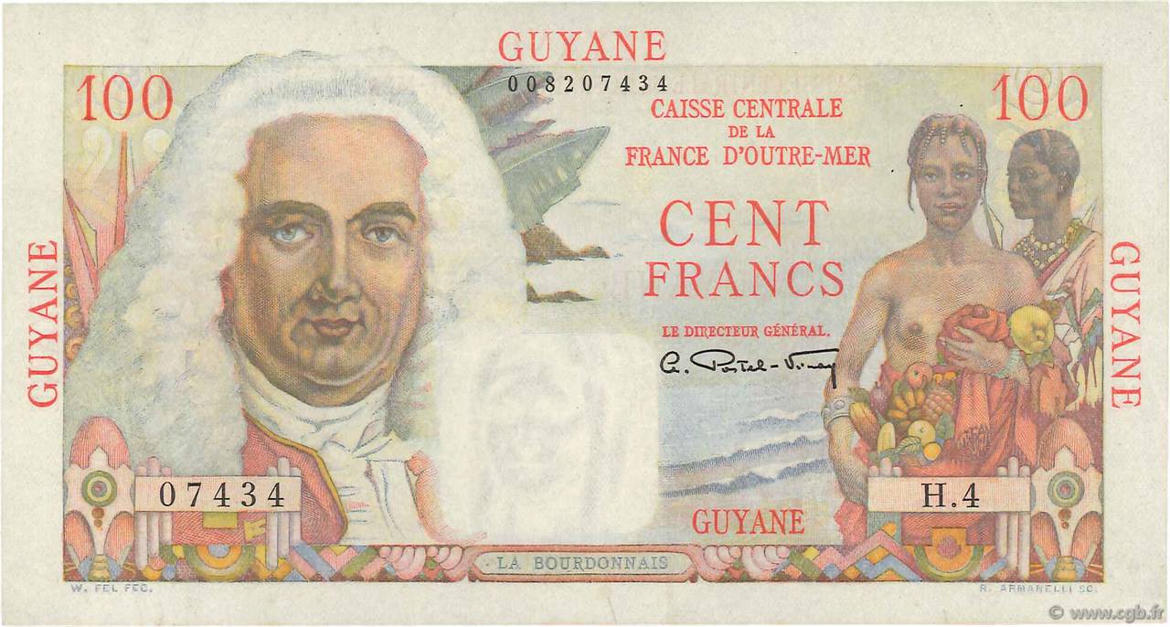 100 Francs La Bourdonnais FRENCH GUIANA  1946 P.23a EBC
