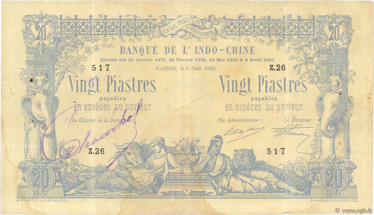 20 Piastres - 20 Piastres INDOCINA FRANCESE Saïgon 1905 P.036 BB