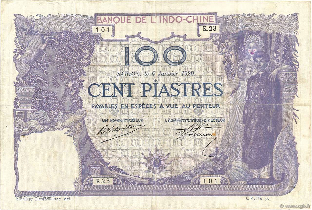 100 Piastres FRANZÖSISCHE-INDOCHINA Saïgon 1920 P.042 SS
