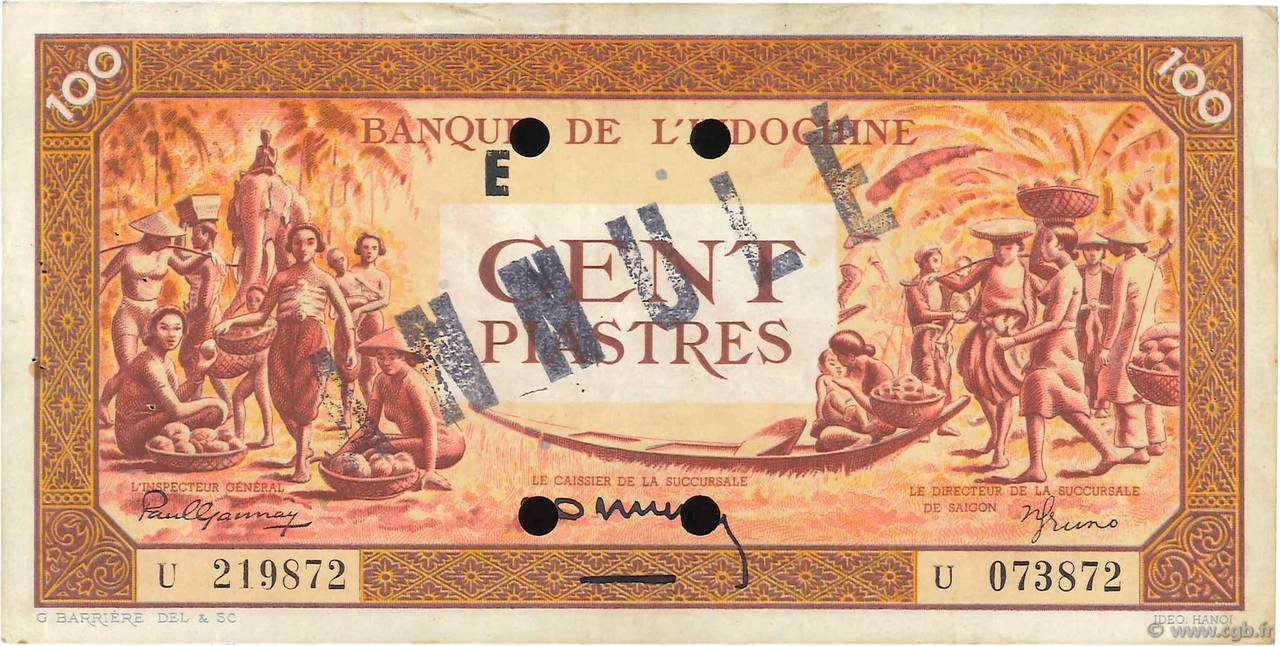 100 Piastres orange Annulé INDOCINA FRANCESE  1942 P.066s q.SPL