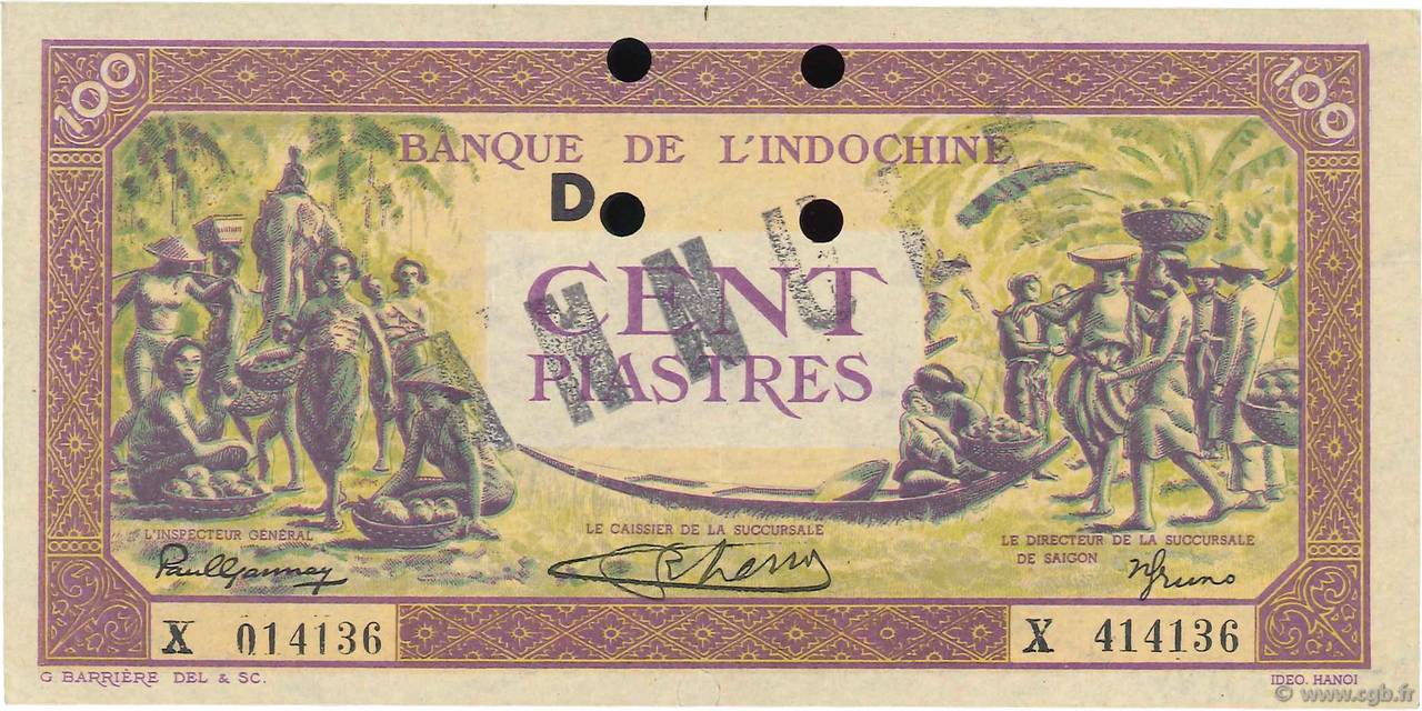 100 Piastres violet et vert Annulé INDOCHINA  1942 P.067s EBC