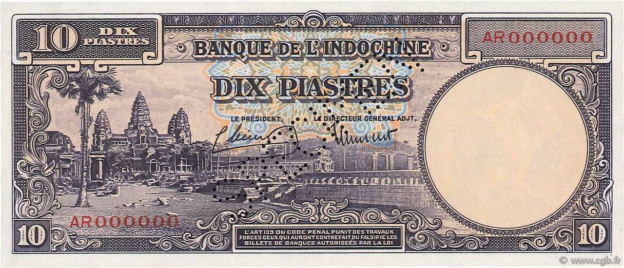 10 Piastres Spécimen INDOCINA FRANCESE  1947 P.080s FDC