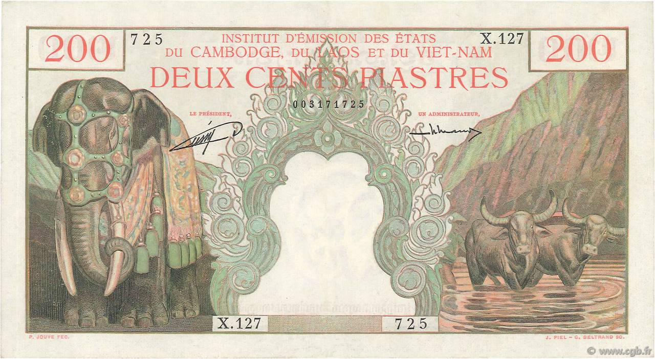 200 Piastres - 200 Riels FRENCH INDOCHINA  1953 P.098 XF+