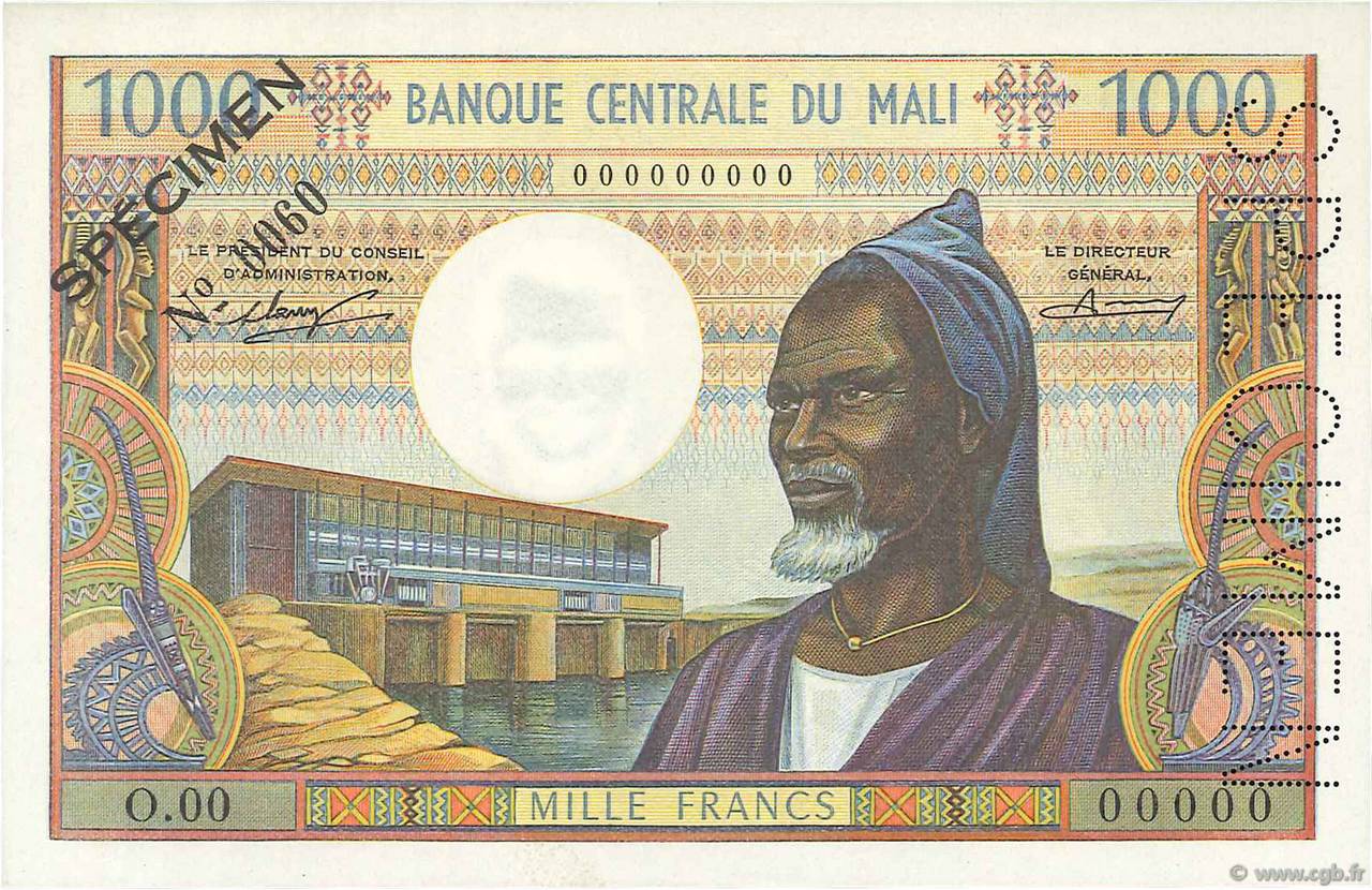 1000 Francs Spécimen MALí  1970 P.13s SC+
