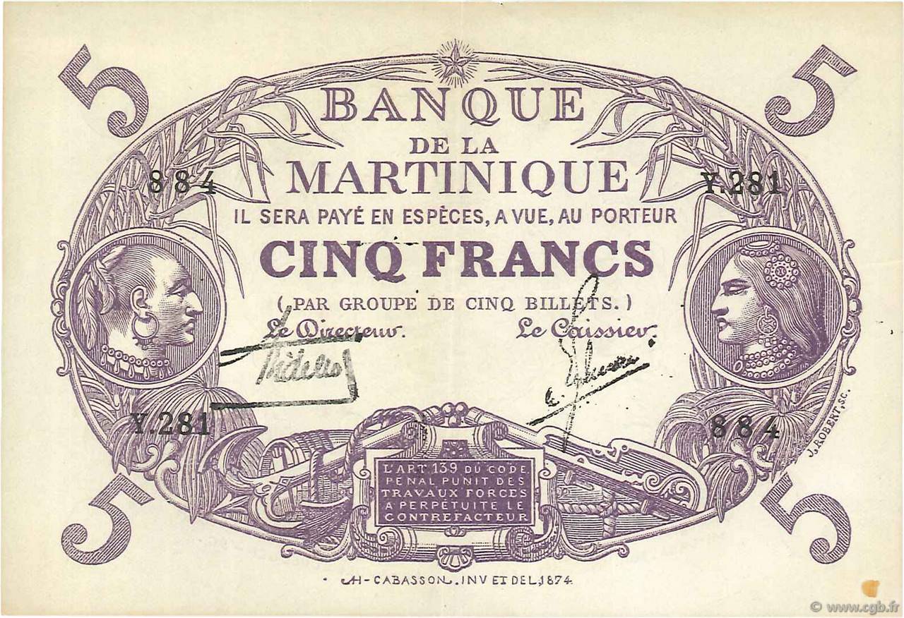 5 Francs Cabasson violet MARTINIQUE  1934 P.06 XF