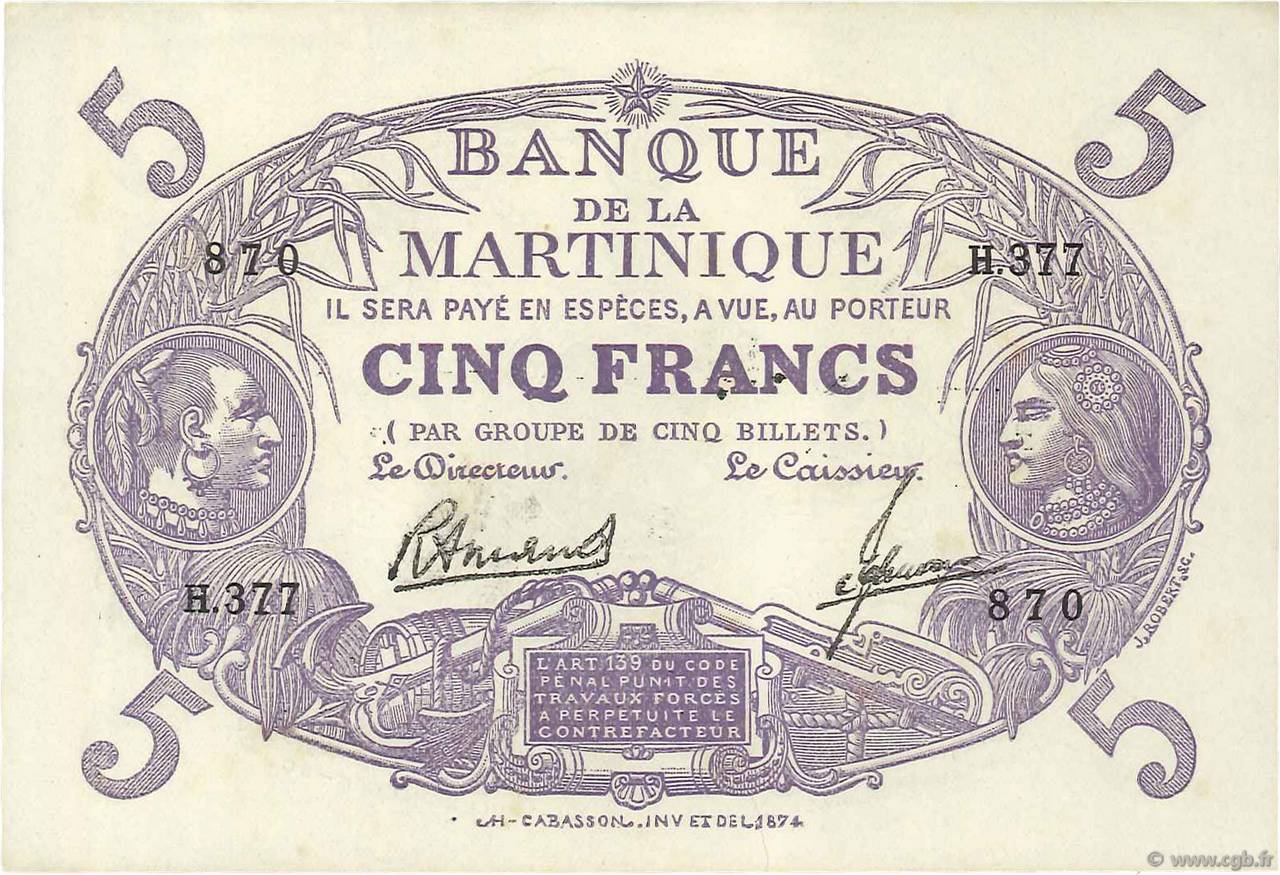 5 Francs Cabasson violet MARTINIQUE  1946 P.06 SPL