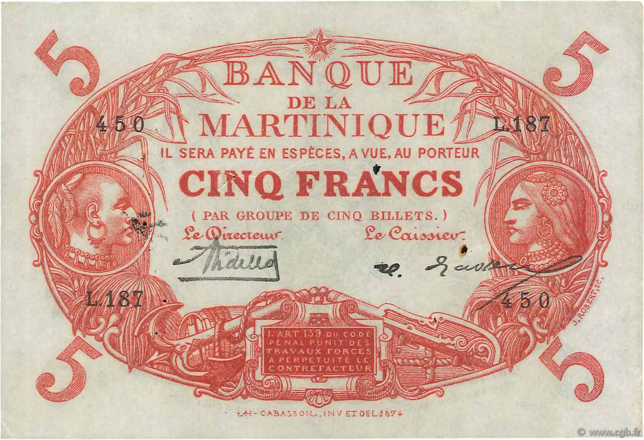 5 Francs Cabasson rouge MARTINIQUE  1929 P.06A TTB+