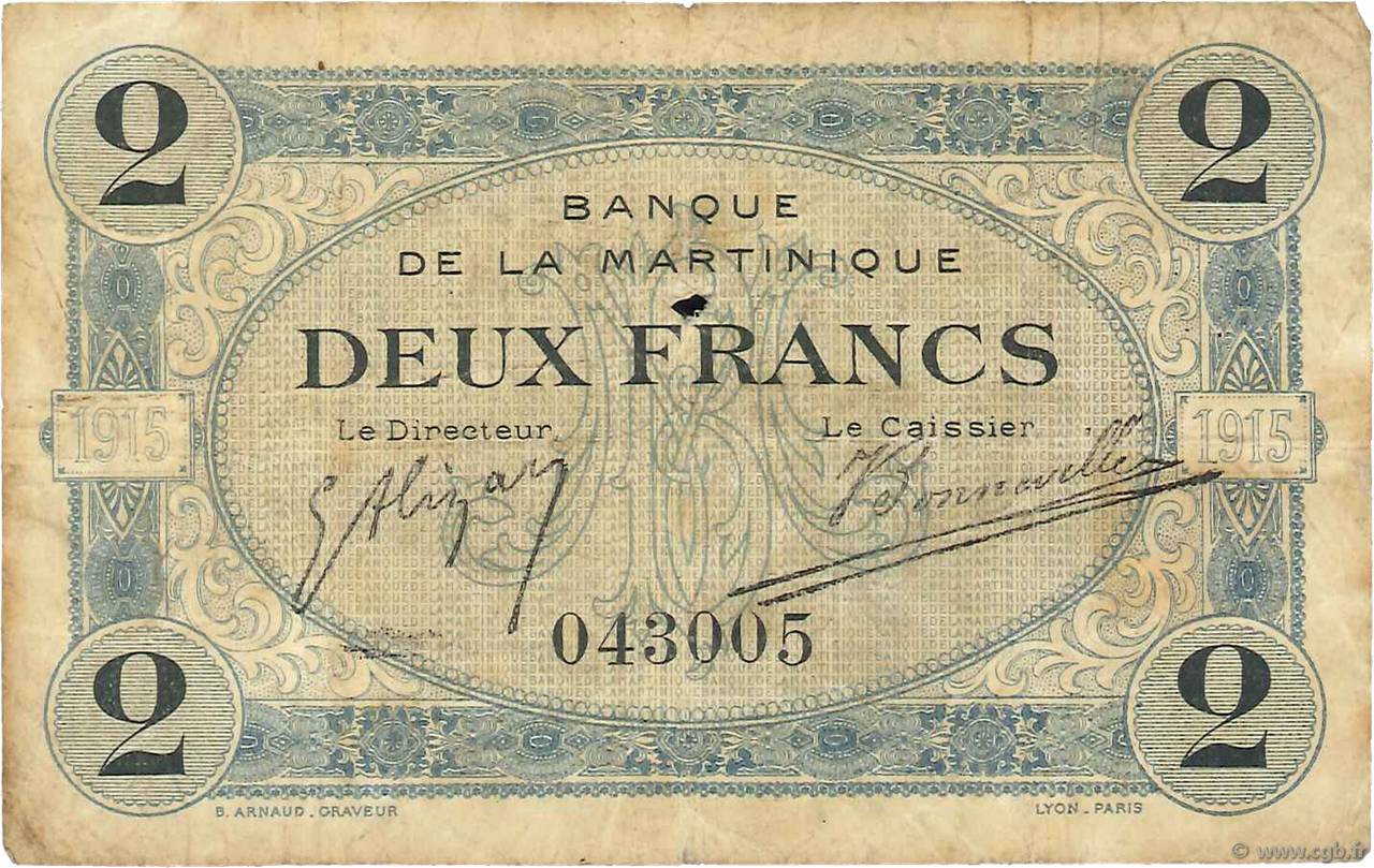 2 Francs MARTINIQUE  1915 P.11 RC a BC