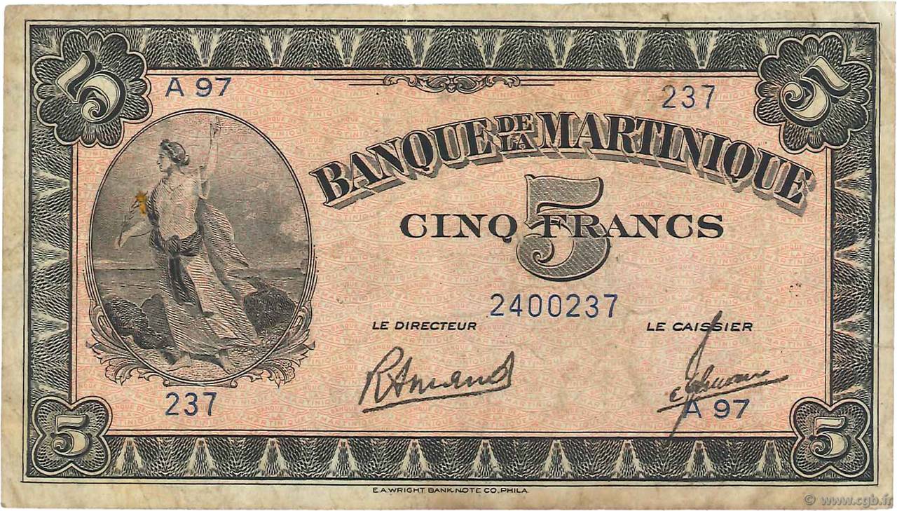 5 Francs MARTINIQUE  1942 P.16b fSS