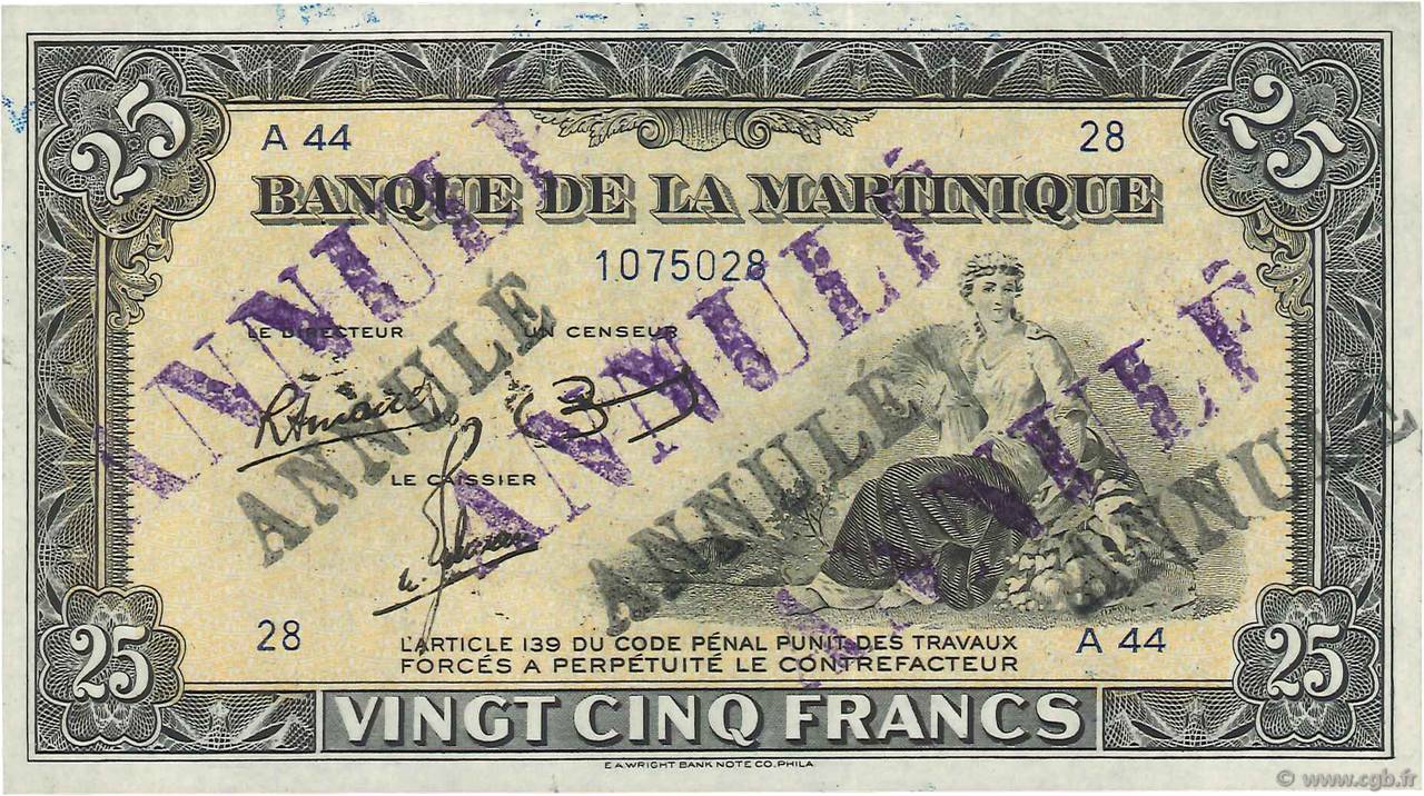 25 Francs Annulé MARTINIQUE  1943 P.17s XF