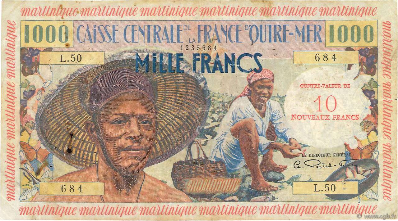 10 NF sur 1000 Francs pêcheur MARTINIQUE  1960 P.39 RC+