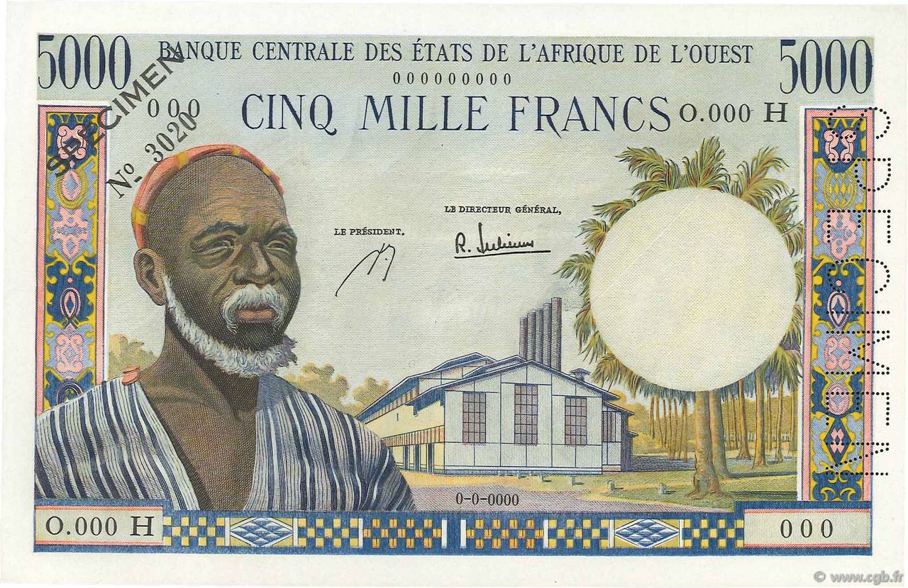 5000 Francs Spécimen ÉTATS DE L AFRIQUE DE L OUEST  1965 P.604AeS pr.NEUF
