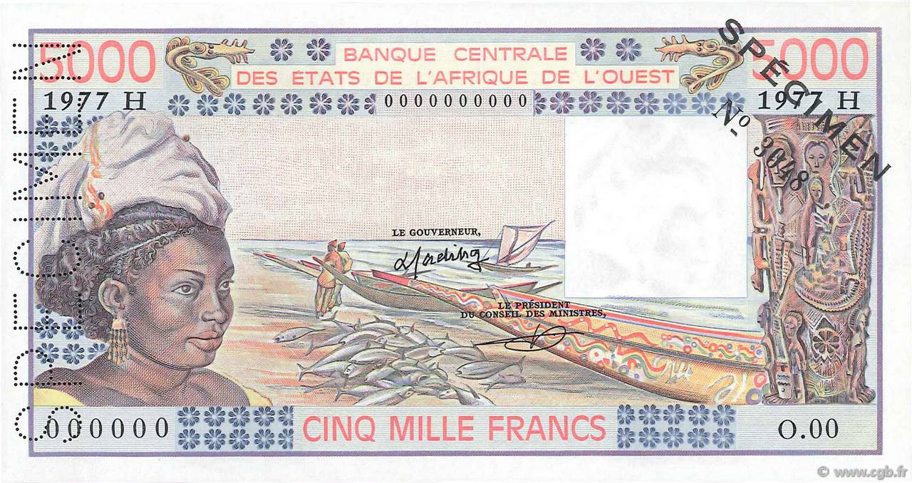 5000 Francs Spécimen ÉTATS DE L AFRIQUE DE L OUEST  1977 P.608HdS NEUF