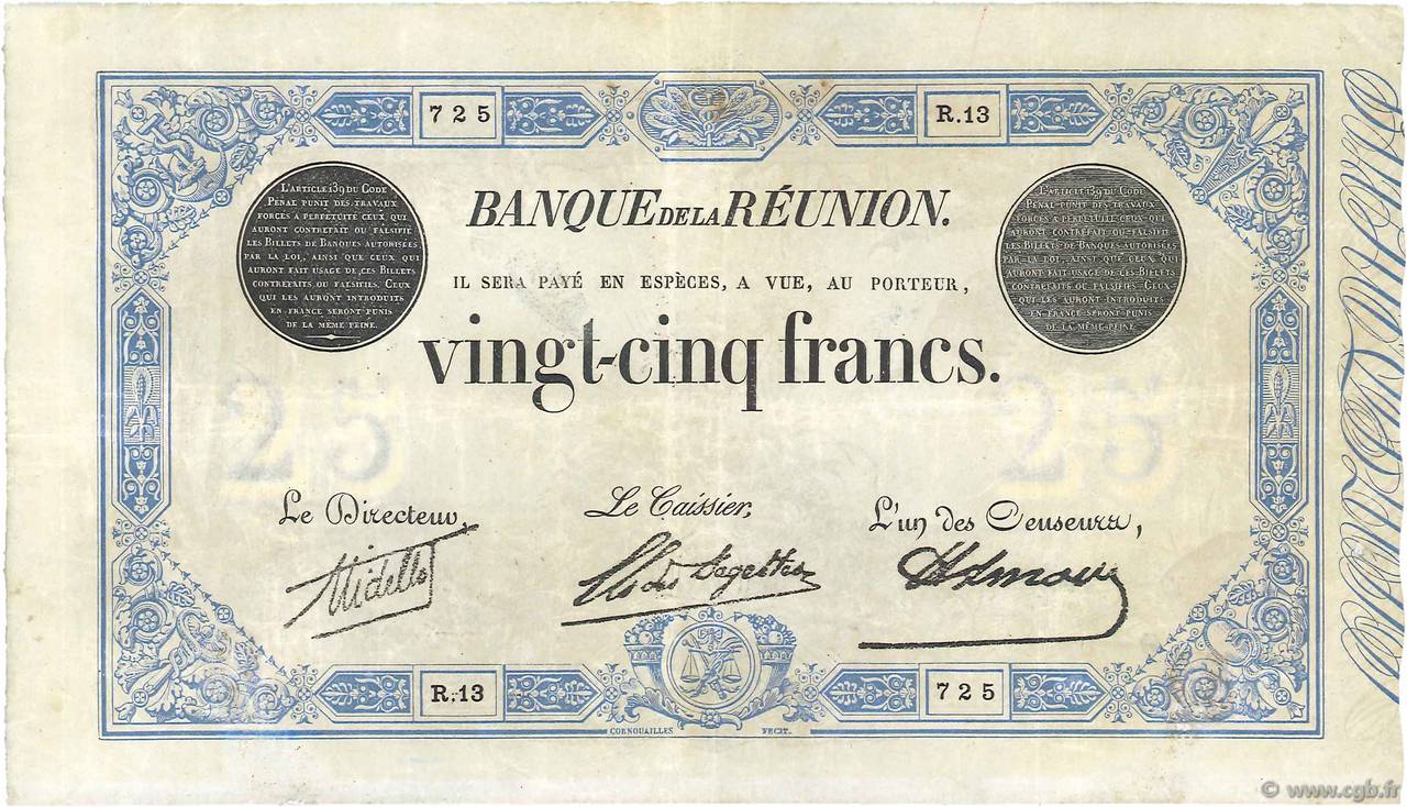 25 Francs ISOLA RIUNIONE  1923 P.18c q.SPL