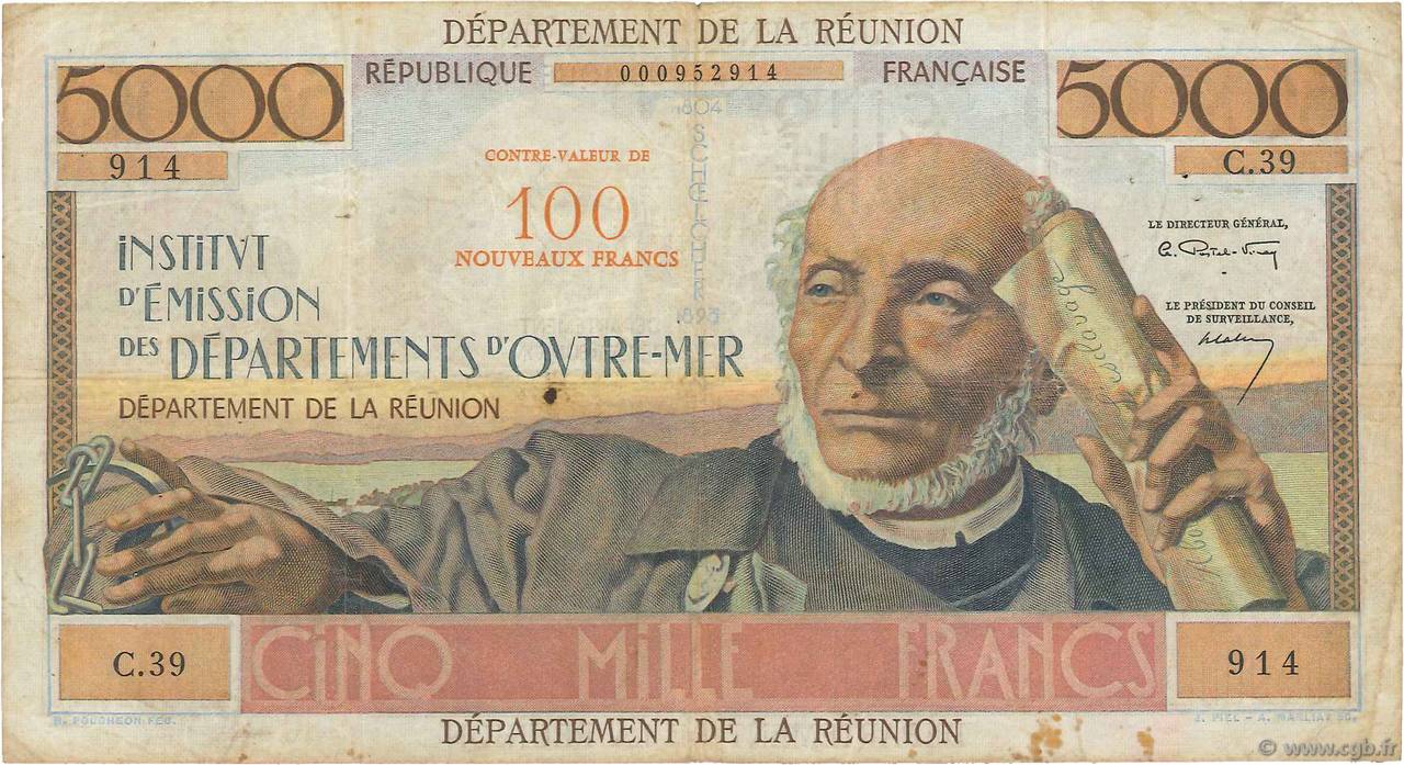 100 NF sur 5000 Francs Schoelcher ISLA DE LA REUNIóN  1967 P.56 BC