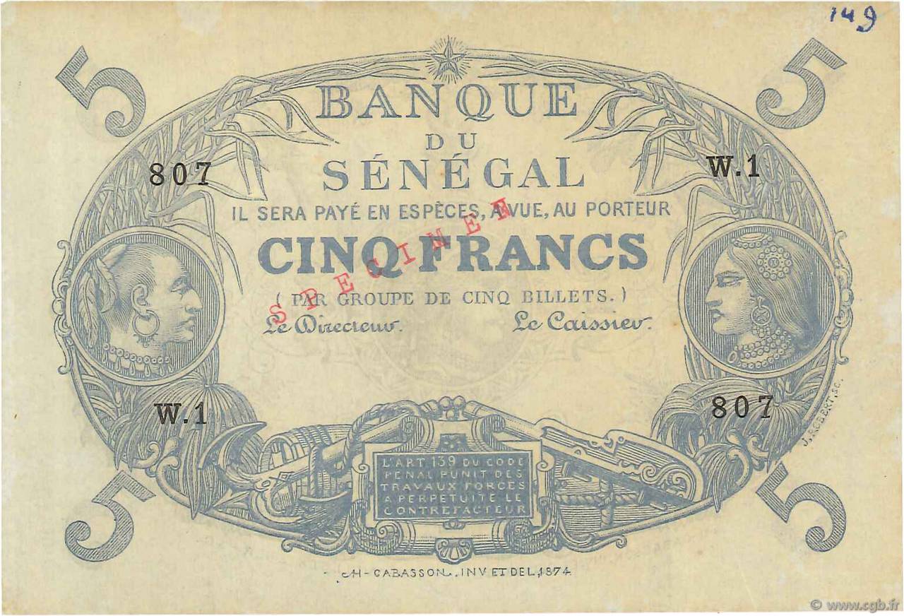5 Francs Cabasson Spécimen SENEGAL  1874 P.A1s q.AU