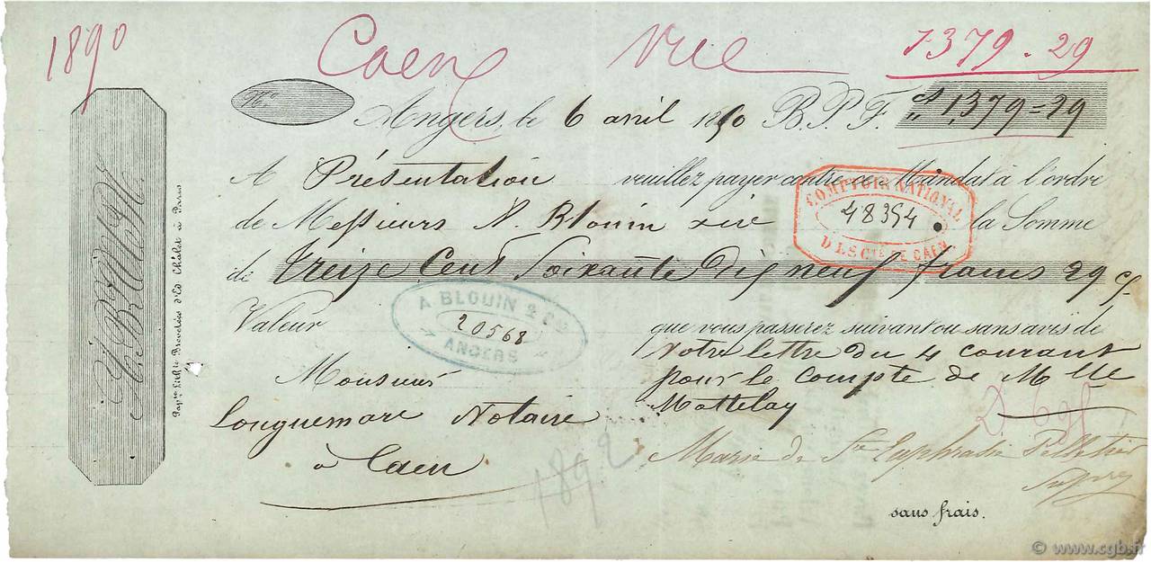 1379,29 Francs FRANCE régionalisme et divers Angers  1890 DOC.Mandat TTB