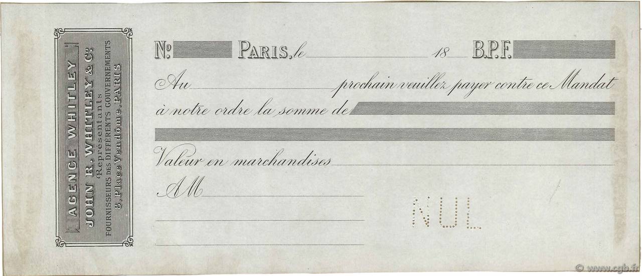 Francs Non émis FRANCE regionalismo e varie Paris 1860 DOC.Mandat SPL