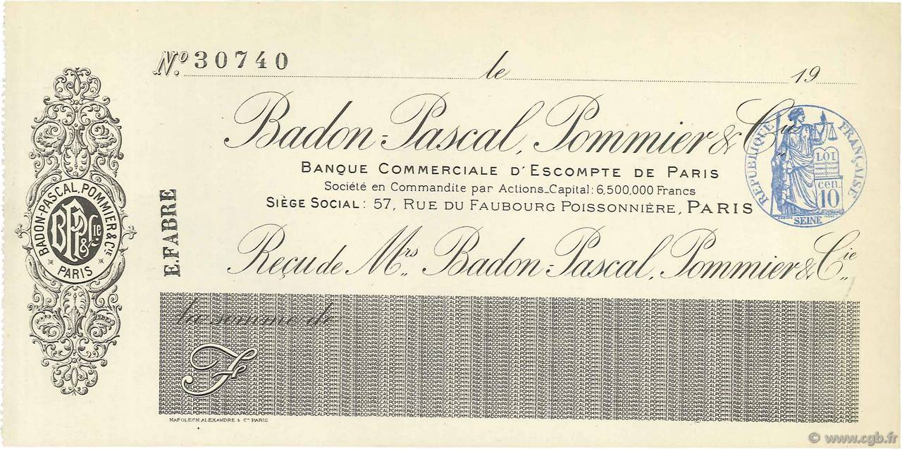 Francs FRANCE Regionalismus und verschiedenen Paris 1908 DOC.Chèque VZ