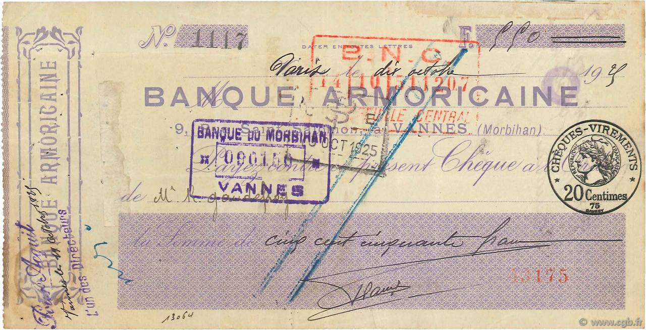 550 Francs FRANCE régionalisme et divers Vannes 1925 DOC.Chèque TB
