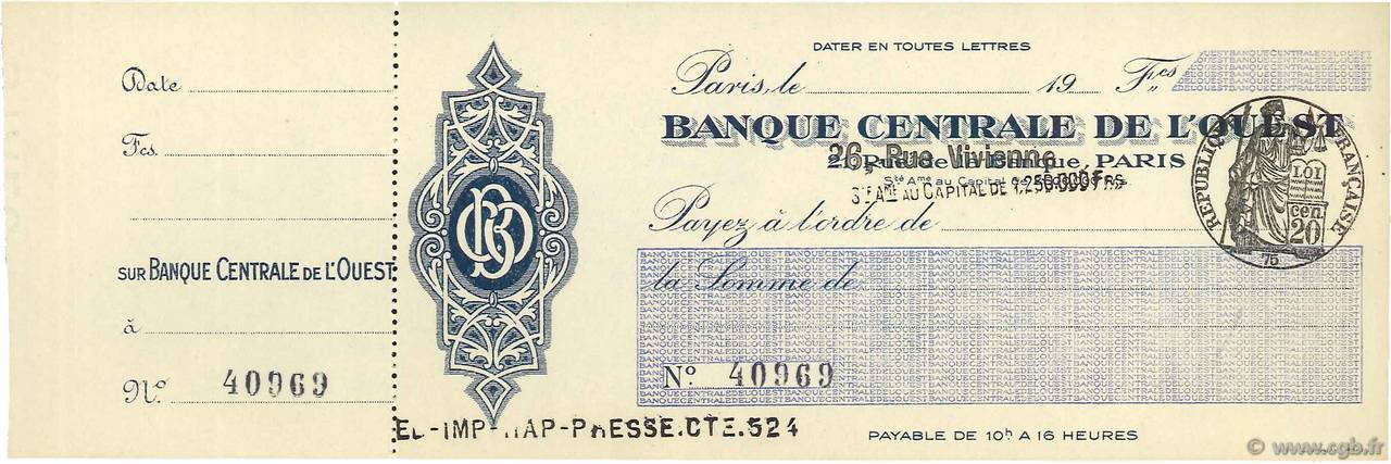 Francs FRANCE régionalisme et divers Paris 1924 DOC.Chèque NEUF