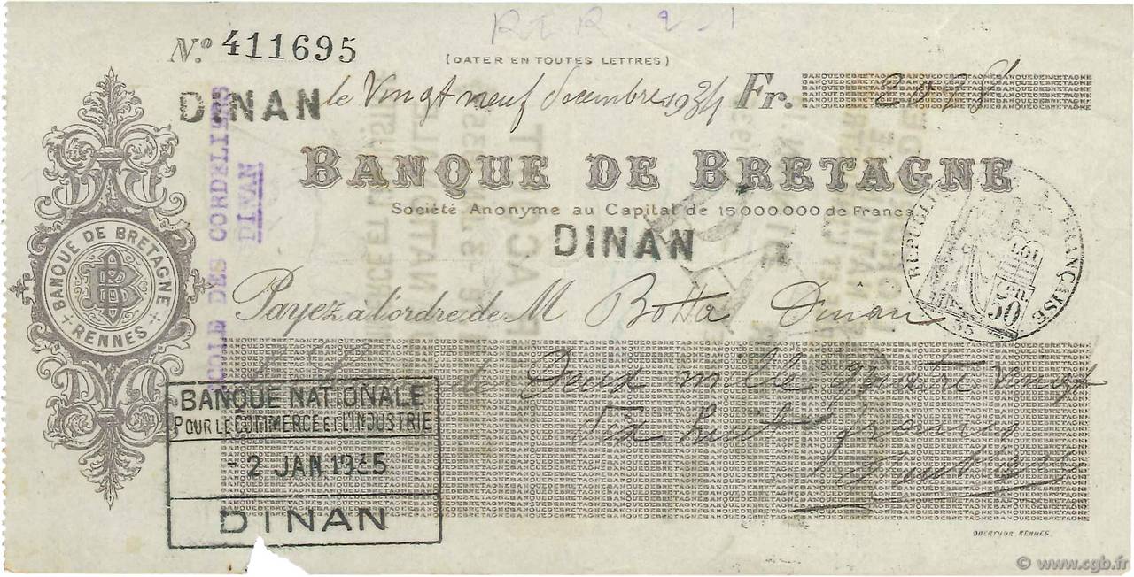 2098 Francs FRANCE regionalismo e varie Dinan 1934 DOC.Chèque BB