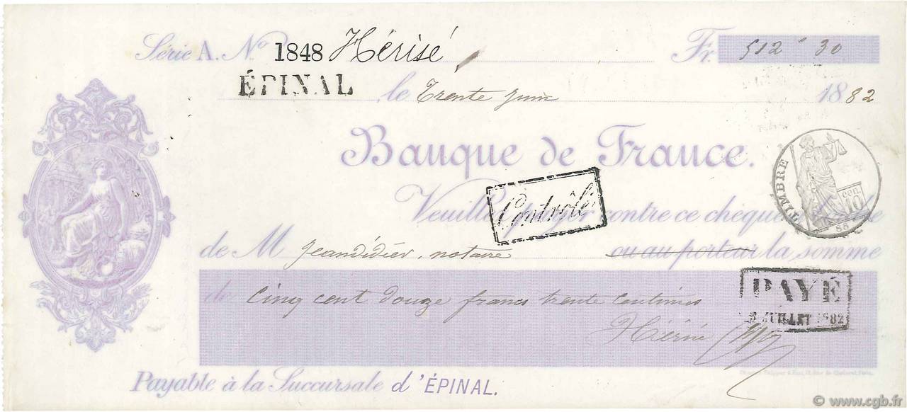 512,30 Francs FRANCE régionalisme et divers Épinal  1882 DOC.Chèque TTB