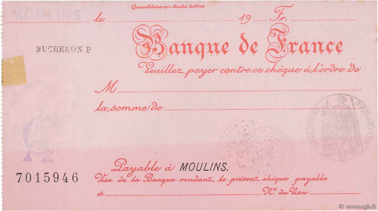 Francs FRANCE régionalisme et divers Moulins 1933 DOC.Chèque SUP