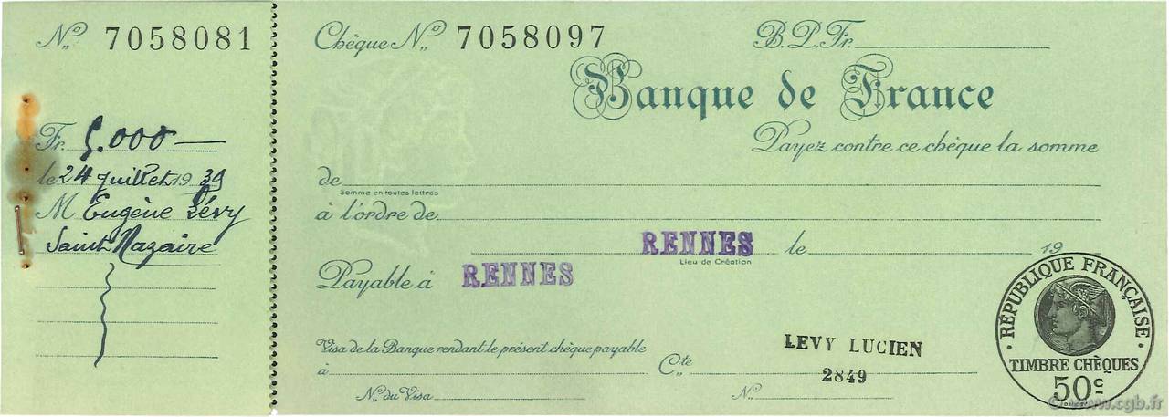 Francs FRANCE régionalisme et divers Rennes 1932 DOC.Chèque SUP
