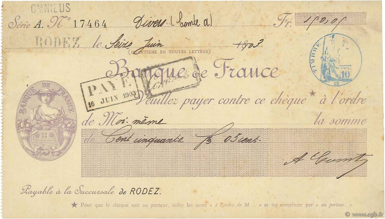 150,05 Francs FRANCE régionalisme et divers Rodez 1903 DOC.Chèque TTB
