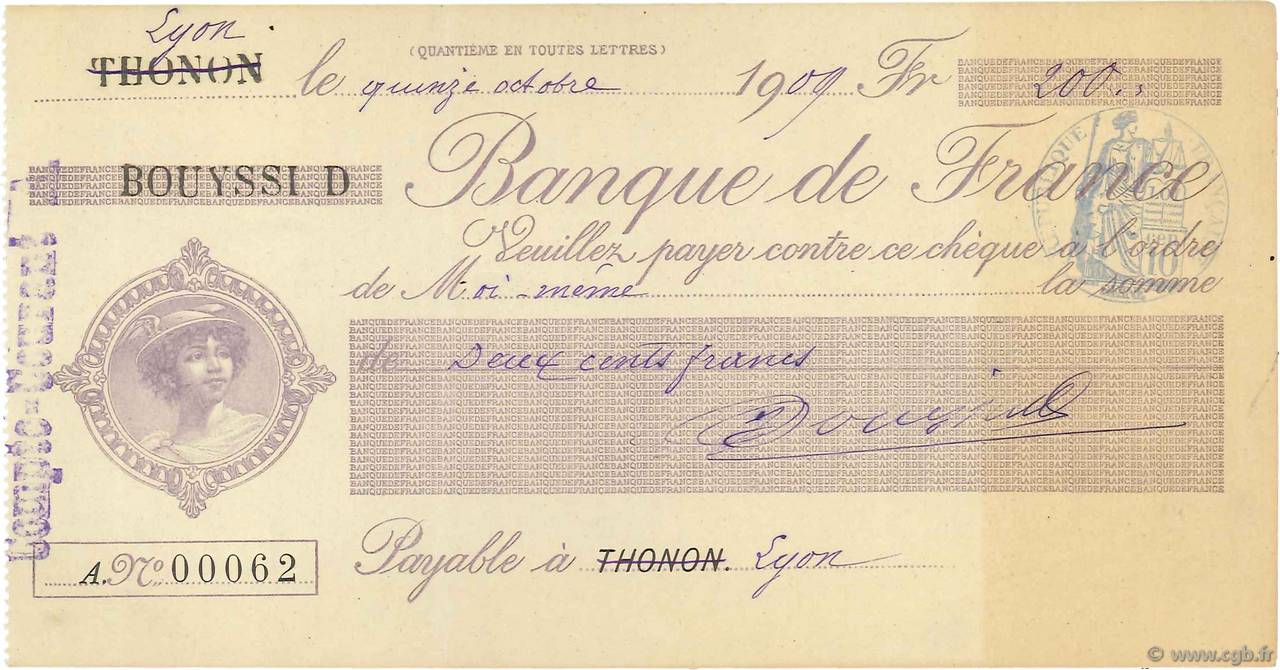 200 Francs FRANCE régionalisme et divers Thonon 1909 DOC.Chèque SPL