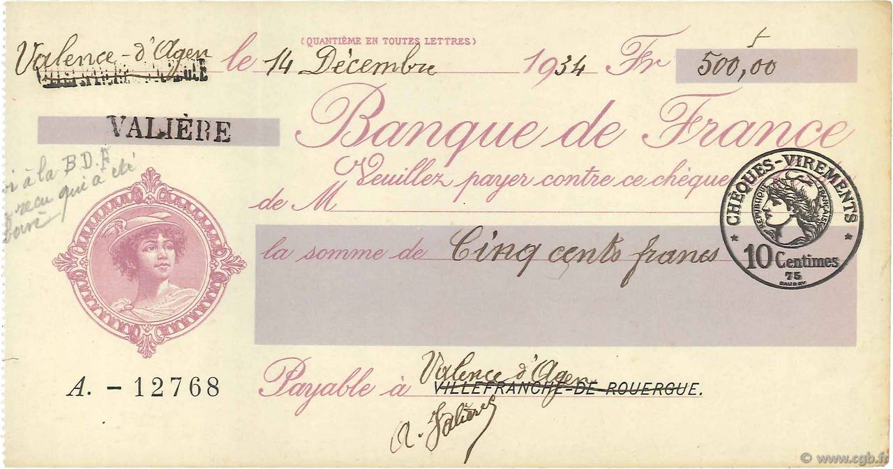500 Francs FRANCE régionalisme et divers Villefranche-De-Rouergue 1934 DOC.Chèque SUP