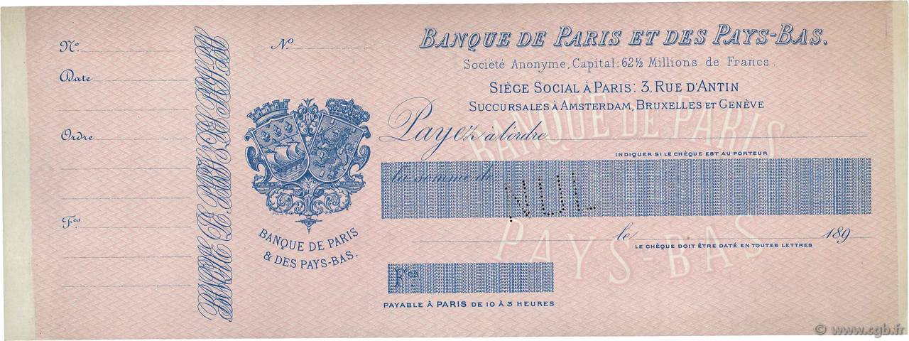 Francs Non émis FRANCE régionalisme et divers Paris 1890 DOC.Chèque SUP