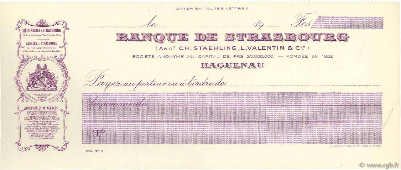 Francs FRANCE régionalisme et divers Haguenau 1910 DOC.Chèque NEUF