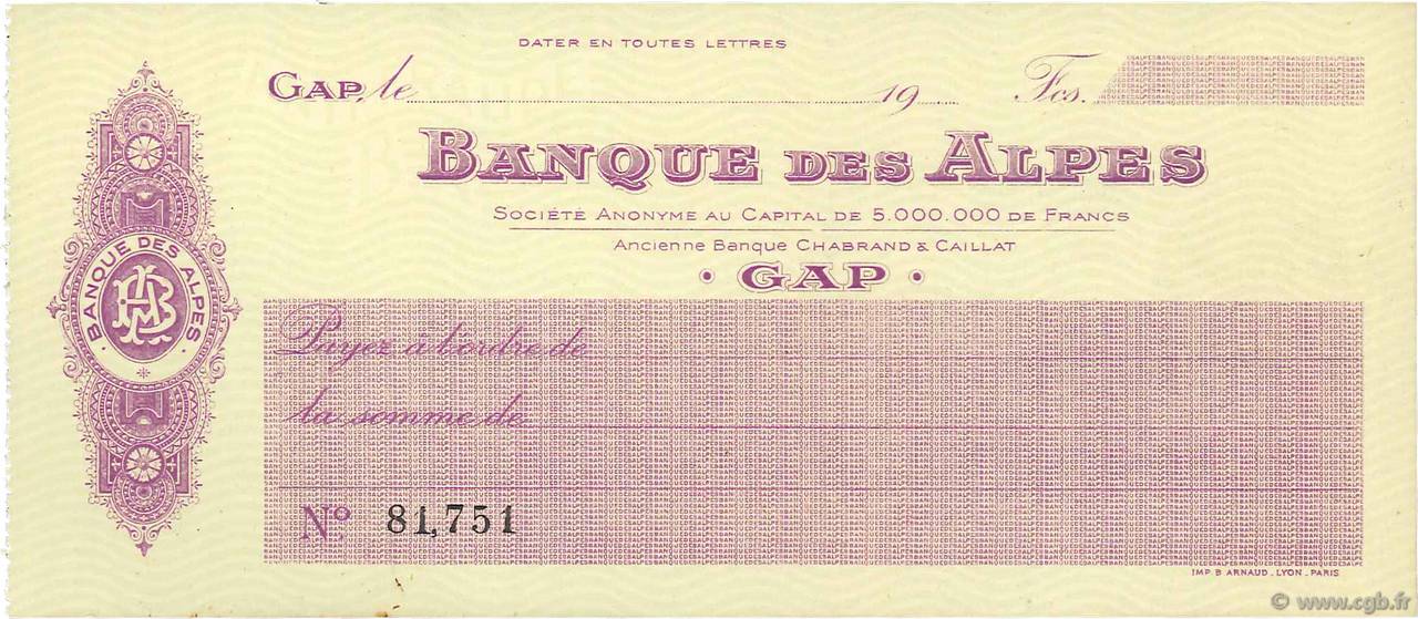 Francs FRANCE régionalisme et divers Gap 1910 DOC.Chèque SPL