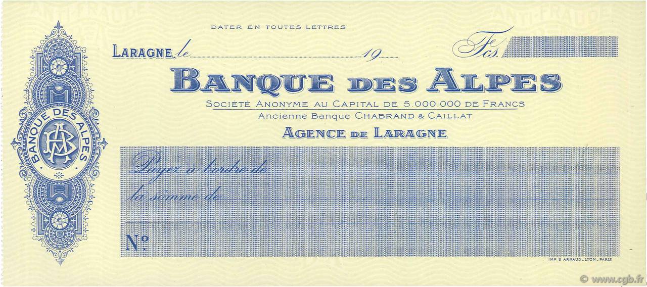 Francs FRANCE régionalisme et divers Laragne 1910 DOC.Chèque NEUF