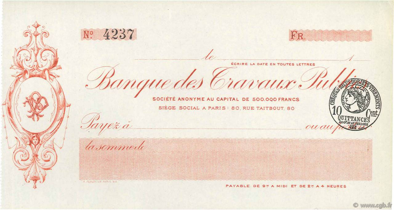 Francs FRANCE régionalisme et divers Paris 1915 DOC.Chèque SPL